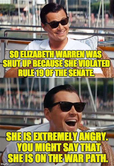 Leonardo DiCaprio Wall Street | SO ELIZABETH WARREN WAS SHUT UP BECAUSE SHE VIOLATED RULE 19 OF THE SENATE. SHE IS EXTREMELY ANGRY.  YOU MIGHT SAY THAT SHE IS ON THE WAR PATH. | image tagged in leonardo dicaprio wall street | made w/ Imgflip meme maker