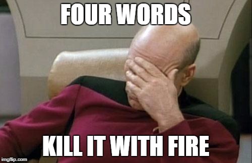 Captain Picard Facepalm Meme | FOUR WORDS KILL IT WITH FIRE | image tagged in memes,captain picard facepalm | made w/ Imgflip meme maker