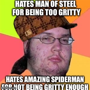   | HATES MAN OF STEEL FOR BEING TOO GRITTY; HATES AMAZING SPIDERMAN FOR NOT BEING GRITTY ENOUGH | image tagged in funny | made w/ Imgflip meme maker