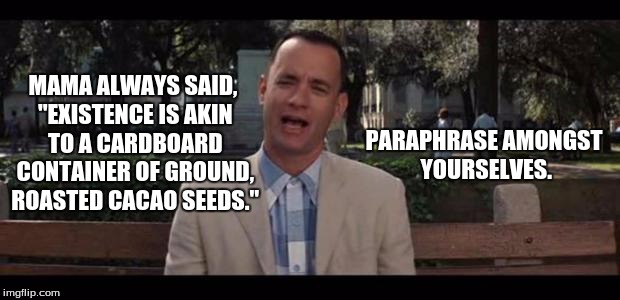 Paraphrasing | PARAPHRASE AMONGST YOURSELVES. MAMA ALWAYS SAID, "EXISTENCE IS AKIN TO A CARDBOARD CONTAINER OF GROUND, ROASTED CACAO SEEDS." | image tagged in forrest gump | made w/ Imgflip meme maker