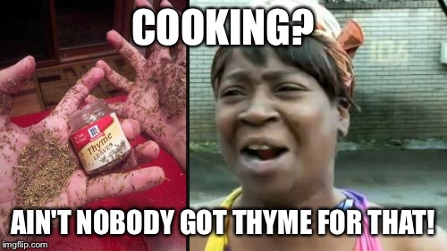 Ain't Nobody Got Time For That Meme | COOKING? AIN'T NOBODY GOT THYME FOR THAT! | image tagged in memes,aint nobody got time for that | made w/ Imgflip meme maker