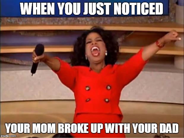 Oprah You Get A Meme |  WHEN YOU JUST NOTICED; YOUR MOM BROKE UP WITH YOUR DAD | image tagged in memes,oprah you get a | made w/ Imgflip meme maker