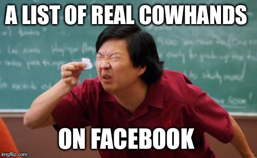 chinese guy | A LIST OF REAL COWHANDS; ON FACEBOOK | image tagged in chinese guy | made w/ Imgflip meme maker