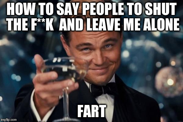 Leonardo Dicaprio Cheers Meme | HOW TO SAY PEOPLE TO SHUT THE F**K  AND LEAVE ME ALONE; FART | image tagged in memes,leonardo dicaprio cheers | made w/ Imgflip meme maker