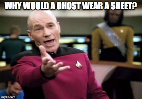 Picard Wtf Meme | WHY WOULD A GHOST WEAR A SHEET? | image tagged in memes,picard wtf | made w/ Imgflip meme maker