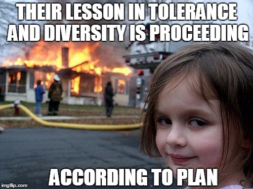 Disaster Girl Meme |  THEIR LESSON IN TOLERANCE AND DIVERSITY IS PROCEEDING; ACCORDING TO PLAN | image tagged in memes,disaster girl,tolerance,diversity,university,liberal logic | made w/ Imgflip meme maker