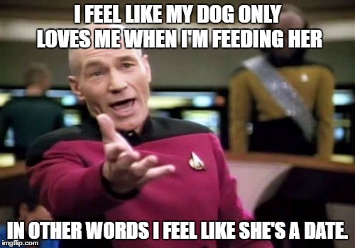 Picard Wtf Meme | I FEEL LIKE MY DOG ONLY LOVES ME WHEN I'M FEEDING HER; IN OTHER WORDS I FEEL LIKE SHE'S A DATE. | image tagged in memes,picard wtf | made w/ Imgflip meme maker