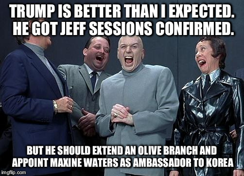 dr evil laugh | TRUMP IS BETTER THAN I EXPECTED. HE GOT JEFF SESSIONS CONFIRMED. BUT HE SHOULD EXTEND AN OLIVE BRANCH AND APPOINT MAXINE WATERS AS AMBASSADOR TO KOREA | image tagged in dr evil laugh | made w/ Imgflip meme maker