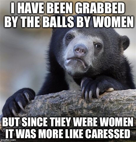 Confession Bear Meme | I HAVE BEEN GRABBED BY THE BALLS BY WOMEN BUT SINCE THEY WERE WOMEN IT WAS MORE LIKE CARESSED | image tagged in memes,confession bear | made w/ Imgflip meme maker