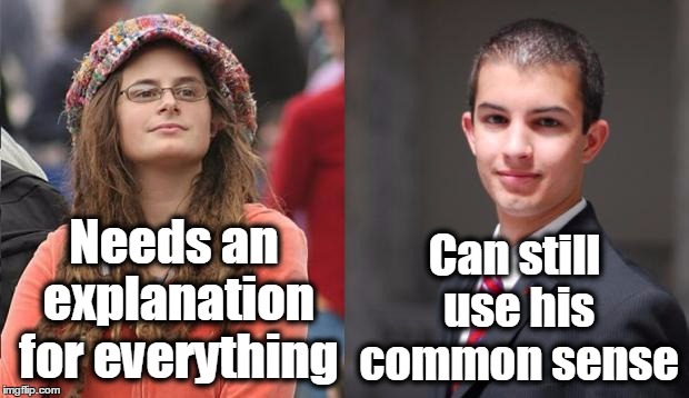 Liberal vs Conservative | Can still use his common sense; Needs an explanation for everything | image tagged in liberal vs conservative,republicans,democrats,morals | made w/ Imgflip meme maker