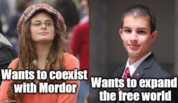 Liberal vs Conservative | Wants to expand the free world; Wants to coexist with Mordor | image tagged in liberal vs conservative,republicans,democrats,isolationism,isis,north korea | made w/ Imgflip meme maker