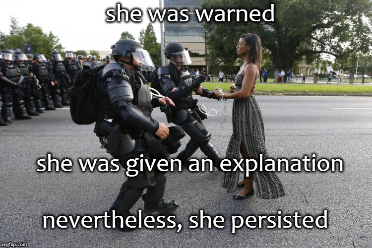 she was warned; she was given an explanation; nevertheless, she persisted | image tagged in ieshia arrest | made w/ Imgflip meme maker