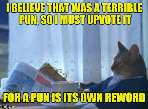 I BELIEVE THAT WAS A TERRIBLE PUN, SO I MUST UPVOTE IT FOR A PUN IS ITS OWN REWORD | made w/ Imgflip meme maker
