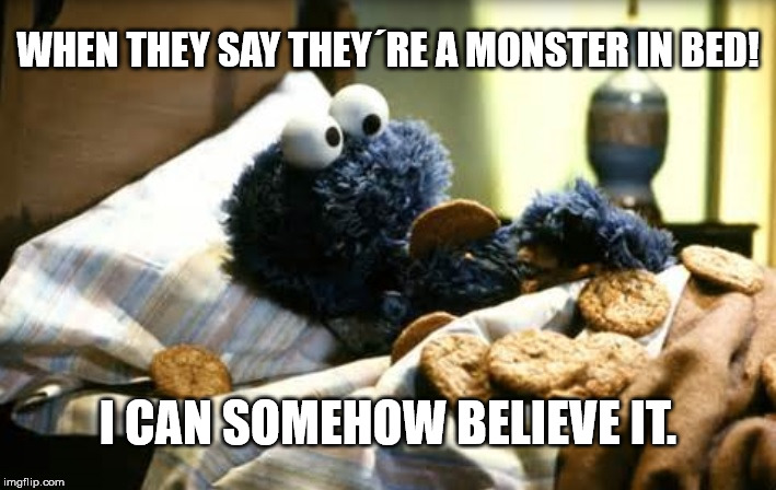 Cookie Monster | WHEN THEY SAY THEY´RE A MONSTER IN BED! I CAN SOMEHOW BELIEVE IT. | image tagged in cookie monster | made w/ Imgflip meme maker