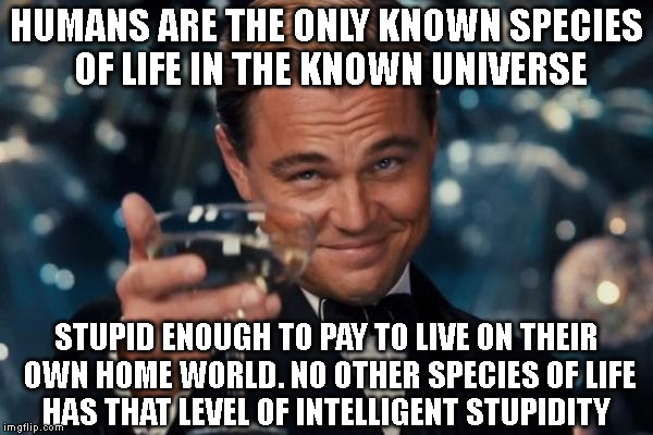 Leonardo Dicaprio Cheers | HUMANS ARE THE ONLY KNOWN SPECIES OF LIFE IN THE KNOWN UNIVERSE; STUPID ENOUGH TO PAY TO LIVE ON THEIR OWN HOME WORLD. NO OTHER SPECIES OF LIFE HAS THAT LEVEL OF INTELLIGENT STUPIDITY | image tagged in memes,leonardo dicaprio cheers | made w/ Imgflip meme maker