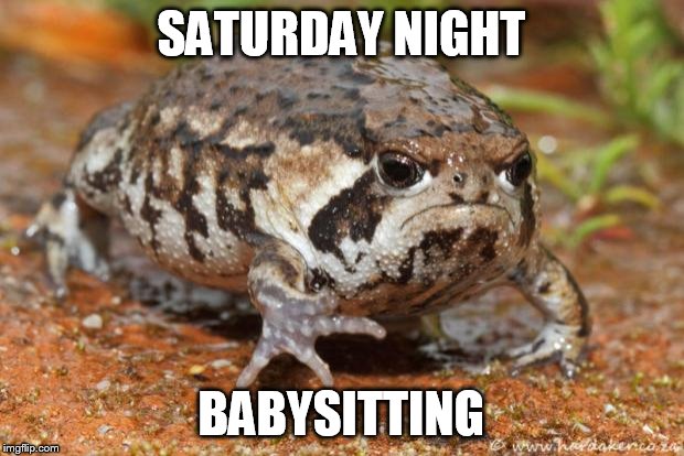 Grumpy Toad Meme | SATURDAY NIGHT; BABYSITTING | image tagged in memes,grumpy toad | made w/ Imgflip meme maker