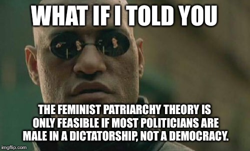 Matrix Morpheus | WHAT IF I TOLD YOU; THE FEMINIST PATRIARCHY THEORY IS ONLY FEASIBLE IF MOST POLITICIANS ARE MALE IN A DICTATORSHIP, NOT A DEMOCRACY. | image tagged in memes,matrix morpheus | made w/ Imgflip meme maker