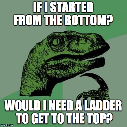 Philosoraptor | IF I STARTED FROM THE BOTTOM? WOULD I NEED A LADDER TO GET TO THE TOP? | image tagged in memes,philosoraptor | made w/ Imgflip meme maker