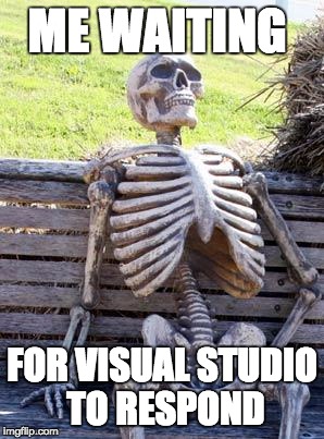 Waiting Skeleton Meme | ME WAITING; FOR VISUAL STUDIO TO RESPOND | image tagged in memes,waiting skeleton | made w/ Imgflip meme maker