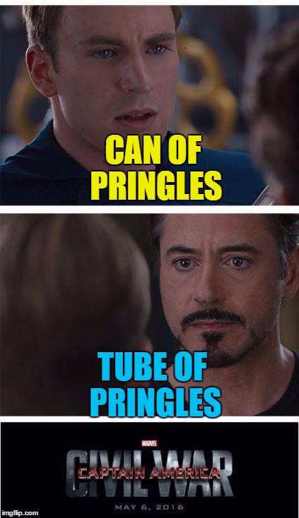 A meme with bite :) | CAN OF PRINGLES; TUBE OF PRINGLES | image tagged in memes,marvel civil war 1,pringles,food | made w/ Imgflip meme maker