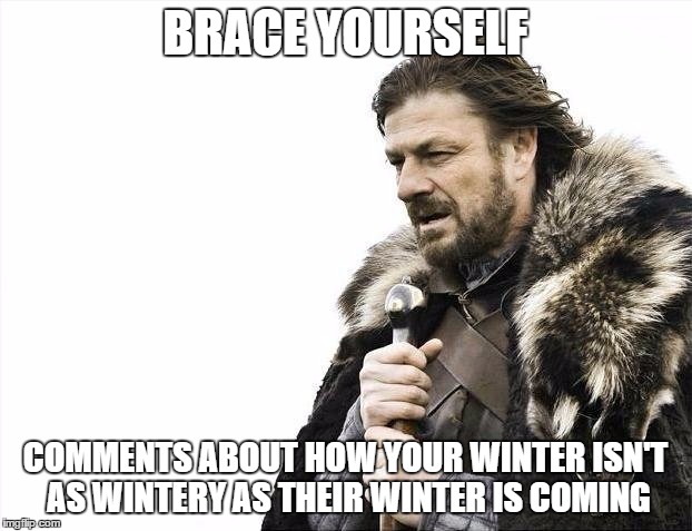 Brace Yourselves X is Coming | BRACE YOURSELF; COMMENTS ABOUT HOW YOUR WINTER ISN'T AS WINTERY AS THEIR WINTER IS COMING | image tagged in memes,brace yourselves x is coming | made w/ Imgflip meme maker