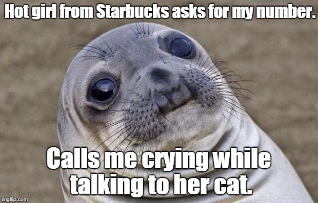 Awkward Moment Sealion | Hot girl from Starbucks asks for my number. Calls me crying while talking to her cat. | image tagged in memes,awkward moment sealion | made w/ Imgflip meme maker