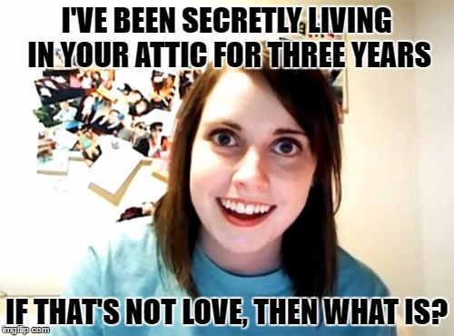 I'VE BEEN SECRETLY LIVING IN YOUR ATTIC FOR THREE YEARS IF THAT'S NOT LOVE, THEN WHAT IS? | made w/ Imgflip meme maker
