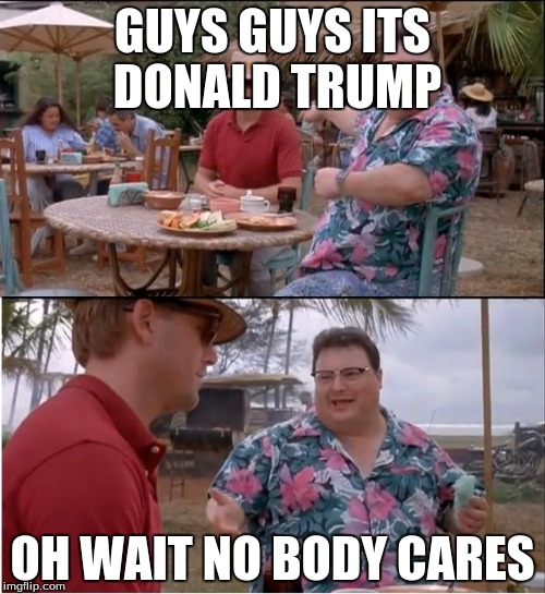 See Nobody Cares | GUYS GUYS ITS DONALD TRUMP; OH WAIT NO BODY CARES | image tagged in memes,see nobody cares | made w/ Imgflip meme maker