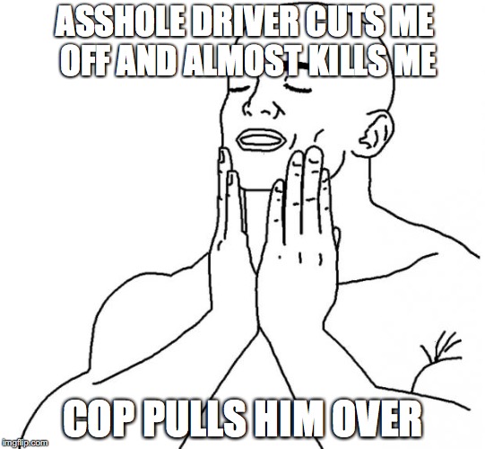 Feels Good Man | ASSHOLE DRIVER CUTS ME OFF AND ALMOST KILLS ME; COP PULLS HIM OVER | image tagged in feels good man | made w/ Imgflip meme maker