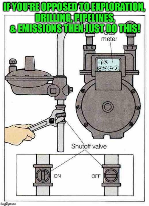 gas meter | IF YOU'RE OPPOSED TO EXPLORATION, DRILLING, PIPELINES, & EMISSIONS THEN JUST DO THIS! | image tagged in gas meter | made w/ Imgflip meme maker