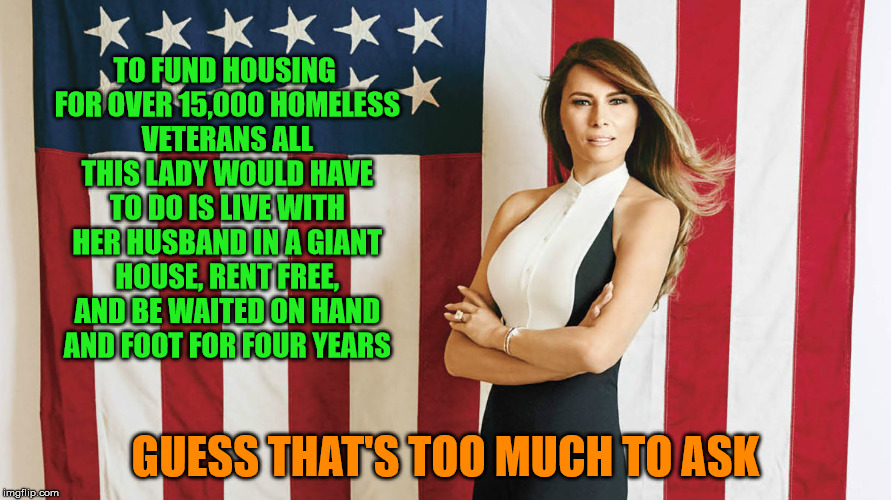 Melania The Moocher | TO FUND HOUSING FOR OVER 15,000 HOMELESS VETERANS ALL THIS LADY WOULD HAVE TO DO IS LIVE WITH HER HUSBAND IN A GIANT HOUSE, RENT FREE, AND BE WAITED ON HAND AND FOOT FOR FOUR YEARS; GUESS THAT'S TOO MUCH TO ASK | image tagged in melania trump usa,veterans,white house,taxes,excuses,cop out | made w/ Imgflip meme maker