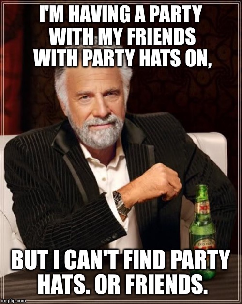 The Most Interesting Man In The World Meme | I'M HAVING A PARTY WITH MY FRIENDS WITH PARTY HATS ON, BUT I CAN'T FIND PARTY HATS. OR FRIENDS. | image tagged in memes,the most interesting man in the world | made w/ Imgflip meme maker