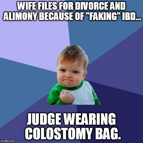 Success Kid Meme | WIFE FILES FOR DIVORCE AND ALIMONY BECAUSE OF "FAKING" IBD... JUDGE WEARING COLOSTOMY BAG. | image tagged in memes,success kid | made w/ Imgflip meme maker