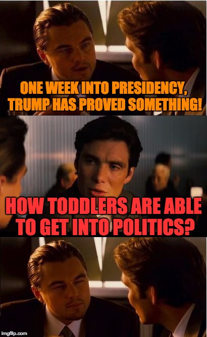 Inception | ONE WEEK INTO PRESIDENCY, TRUMP HAS PROVED SOMETHING! HOW TODDLERS ARE ABLE TO GET INTO POLITICS? | image tagged in memes,inception | made w/ Imgflip meme maker