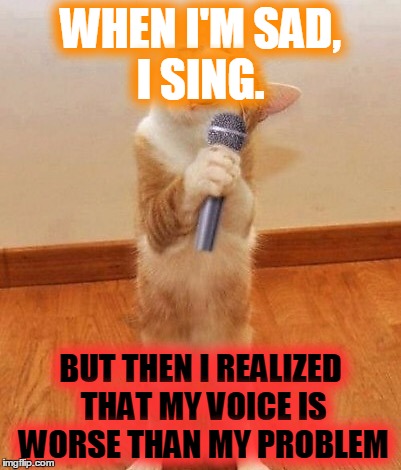 Happy birthday day  Maureeeennn from the singing cat!  | WHEN I'M SAD, I SING. BUT THEN I REALIZED THAT MY VOICE IS WORSE THAN MY PROBLEM | image tagged in happy birthday day  maureeeennn from the singing cat | made w/ Imgflip meme maker