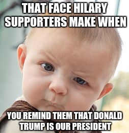 Hilary fan | THAT FACE HILARY SUPPORTERS MAKE WHEN; YOU REMIND THEM THAT DONALD TRUMP IS OUR PRESIDENT | image tagged in memes,skeptical baby | made w/ Imgflip meme maker