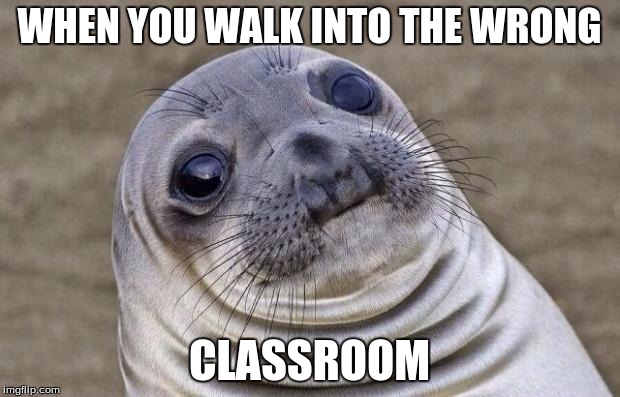 Wrong classroom | WHEN YOU WALK INTO THE WRONG; CLASSROOM | image tagged in memes,awkward moment sealion | made w/ Imgflip meme maker