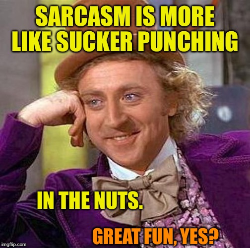 Creepy Condescending Wonka Meme | SARCASM IS MORE LIKE SUCKER PUNCHING IN THE NUTS. GREAT FUN, YES? | image tagged in memes,creepy condescending wonka | made w/ Imgflip meme maker