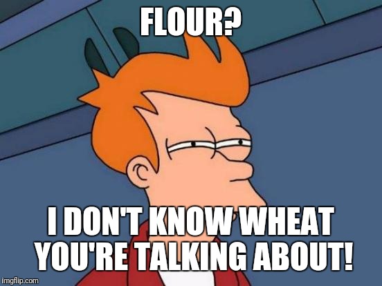 Futurama Fry Meme | FLOUR? I DON'T KNOW WHEAT YOU'RE TALKING ABOUT! | image tagged in memes,futurama fry | made w/ Imgflip meme maker