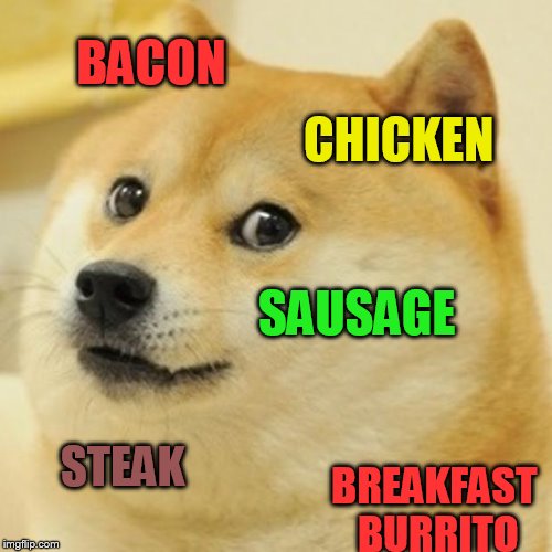 Doge Meme | BACON; CHICKEN; SAUSAGE; STEAK; BREAKFAST BURRITO | image tagged in memes,doge | made w/ Imgflip meme maker