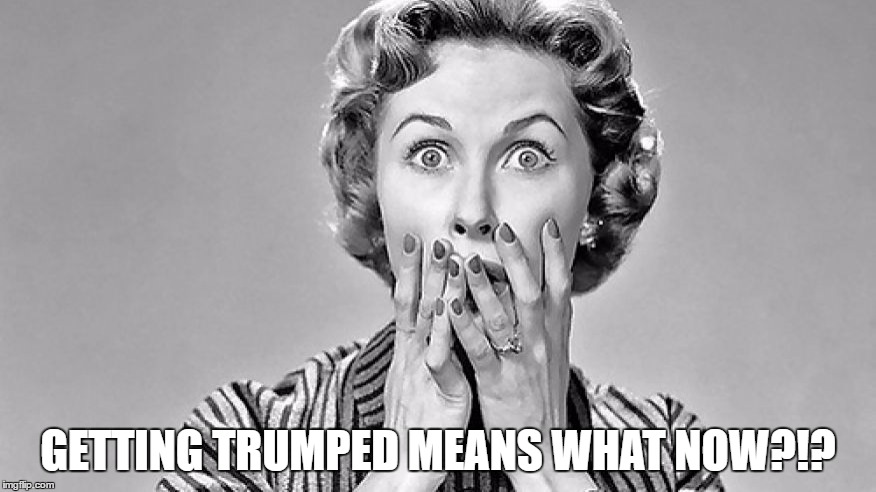 Shocked Woman | GETTING TRUMPED MEANS WHAT NOW?!? | image tagged in shocked woman | made w/ Imgflip meme maker
