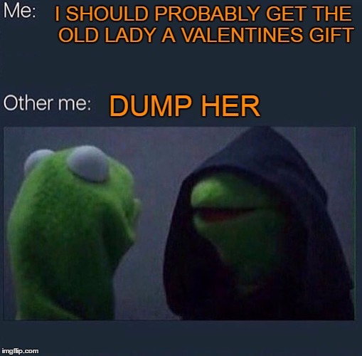 Will you be my valentine for about 4 minutes? | I SHOULD PROBABLY GET THE OLD LADY A VALENTINES GIFT; DUMP HER | image tagged in evil kermit | made w/ Imgflip meme maker