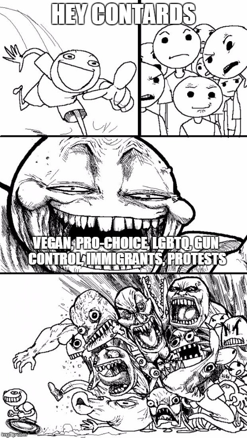 Hey Internet | HEY CONTARDS; VEGAN, PRO-CHOICE, LGBTQ, GUN CONTROL, IMMIGRANTS, PROTESTS | image tagged in memes,hey internet | made w/ Imgflip meme maker