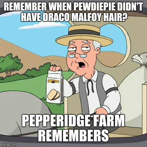Damn, Felix! Back at it again with the white hair! | REMEMBER WHEN PEWDIEPIE DIDN'T HAVE DRACO MALFOY HAIR? PEPPERIDGE FARM REMEMBERS | image tagged in memes,pepperidge farm remembers,pewdiepie,hair,hair color,platinum blonde | made w/ Imgflip meme maker