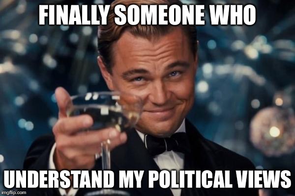 Leonardo Dicaprio Cheers | FINALLY SOMEONE WHO; UNDERSTAND MY POLITICAL VIEWS | image tagged in memes,leonardo dicaprio cheers | made w/ Imgflip meme maker