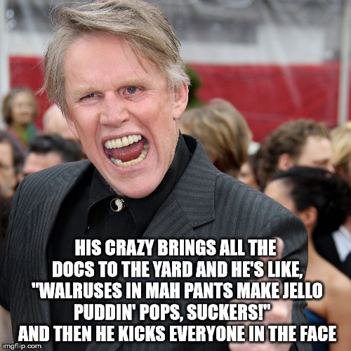 He Is My Spirit Animal | HIS CRAZY BRINGS ALL THE DOCS TO THE YARD AND HE'S LIKE, "WALRUSES IN MAH PANTS MAKE JELLO PUDDIN' POPS, SUCKERS!"    AND THEN HE KICKS EVERYONE IN THE FACE | image tagged in gary busey,spirit animal,jello pudding pops,i am the walrus,kookookachoo,in the pants | made w/ Imgflip meme maker