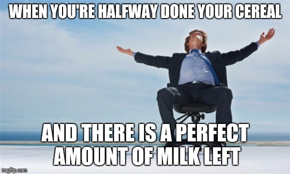 relief | WHEN YOU'RE HALFWAY DONE YOUR CEREAL; AND THERE IS A PERFECT AMOUNT OF MILK LEFT | image tagged in relief | made w/ Imgflip meme maker