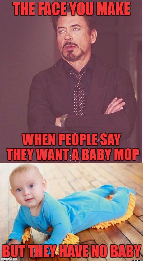 It could also be that they mean a dog, but... | THE FACE YOU MAKE; WHEN PEOPLE SAY THEY WANT A BABY MOP; BUT THEY HAVE NO BABY | image tagged in funny,meme,face you make robert downey jr,baby,mop,cleaning | made w/ Imgflip meme maker