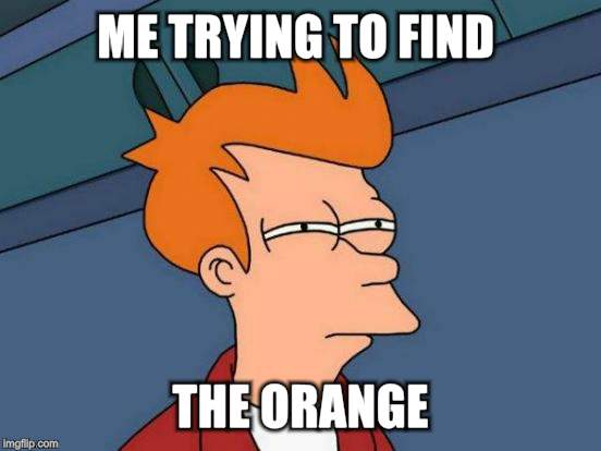 Futurama Fry Meme | ME TRYING TO FIND THE ORANGE | image tagged in memes,futurama fry | made w/ Imgflip meme maker