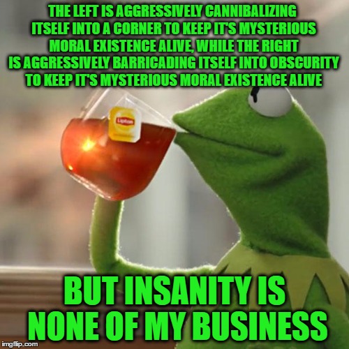 But That's None Of My Business | THE LEFT IS AGGRESSIVELY CANNIBALIZING ITSELF INTO A CORNER TO KEEP IT'S MYSTERIOUS MORAL EXISTENCE ALIVE, WHILE THE RIGHT IS AGGRESSIVELY BARRICADING ITSELF INTO OBSCURITY TO KEEP IT'S MYSTERIOUS MORAL EXISTENCE ALIVE; BUT INSANITY IS NONE OF MY BUSINESS | image tagged in memes,but thats none of my business,kermit the frog | made w/ Imgflip meme maker
